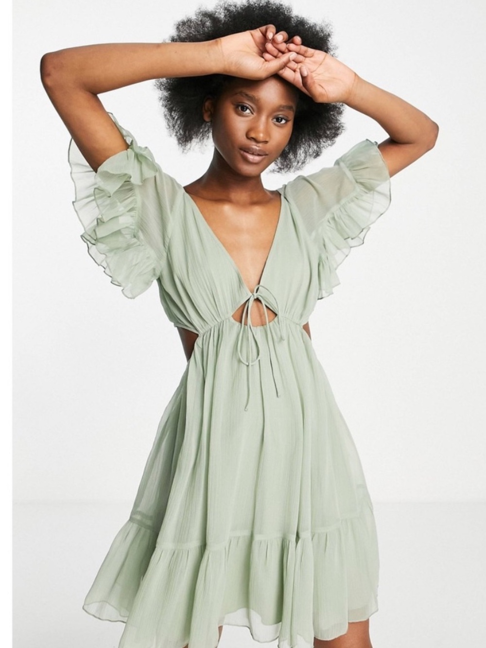 ASOS Design Soft Tiered Tie Front Ruffle Mini Dress Sage Green Size 4 (Reposh)